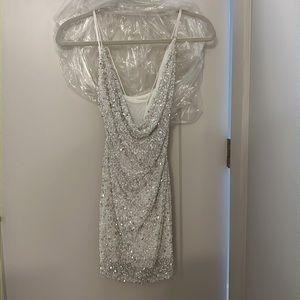 Retrofete Micah silver sequin mini. Fully lined, open back, spaghetti strap
